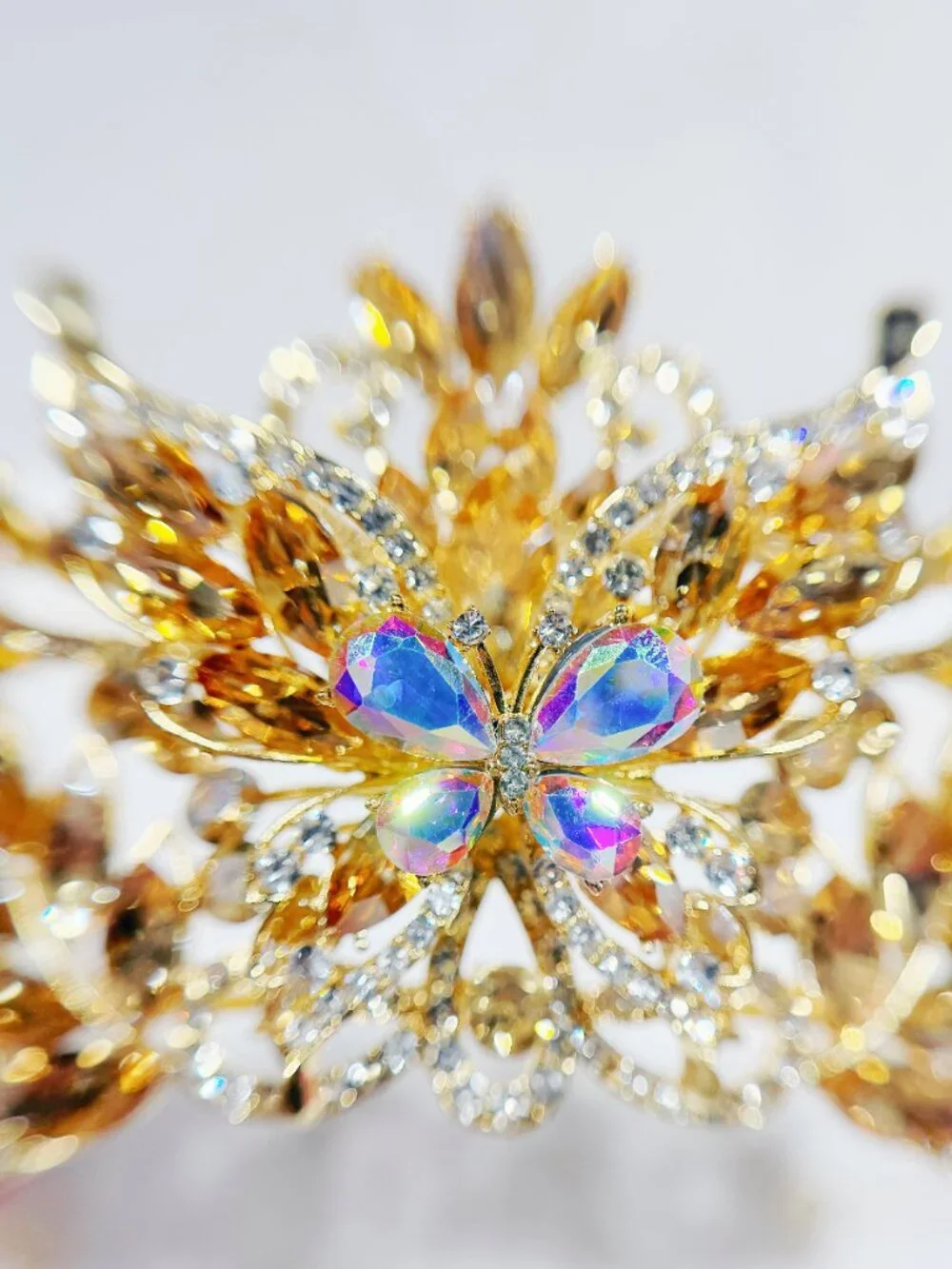 Champagne Crystal Butterfly Tiara Crown Gold Tone Pageant Prom Wedding Headpiece